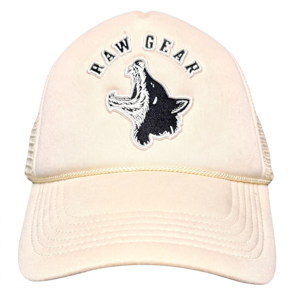 RAWGEAR Snapback Trucker Hat Foam Mesh Wolf Patch String Cream Black NWOT